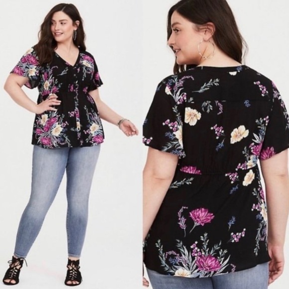 Torrid Black Floral Flutter Sleeve Blouse, 1x - Picture 1 of 7
